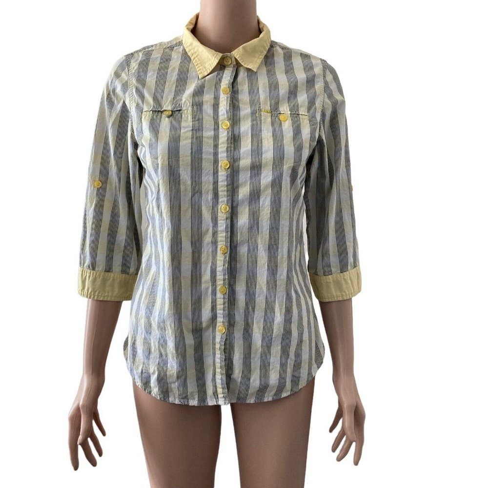Lee Shirt Girls Size Medium Button Front Yellow Black Plaid Striped